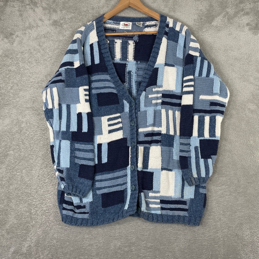 Vintage Marsh Landing Cardigan Womens Medium Blue Patchwork Hand Knit Cottage